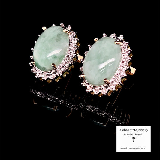 Vintage 14K Gold Jadeite Diamond Halo Earrings, Sage Green