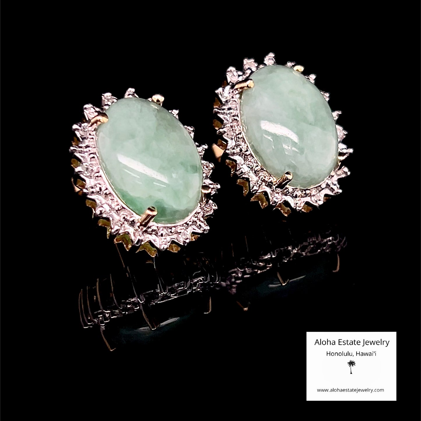 Vintage 14K Gold Jadeite Diamond Halo Earrings, Sage Green