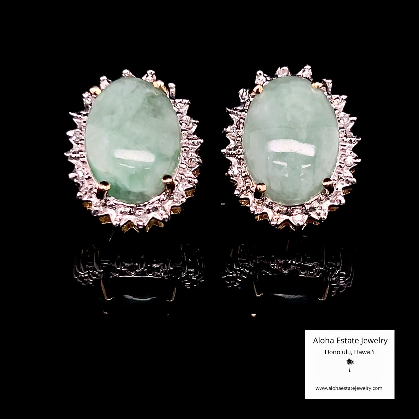 Vintage 14K Gold Jadeite Diamond Halo Earrings, Sage Green
