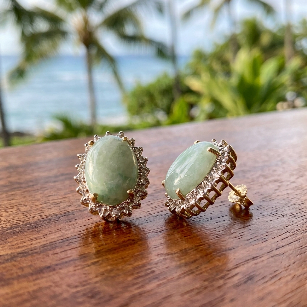 Vintage 14K Gold Jadeite Diamond Halo Earrings, Sage Green