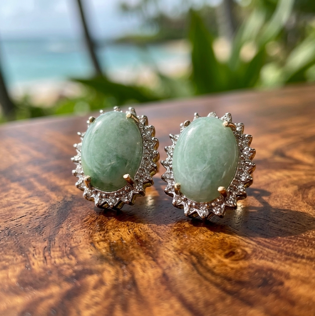 Vintage 14K Gold Jadeite Diamond Halo Earrings, Sage Green