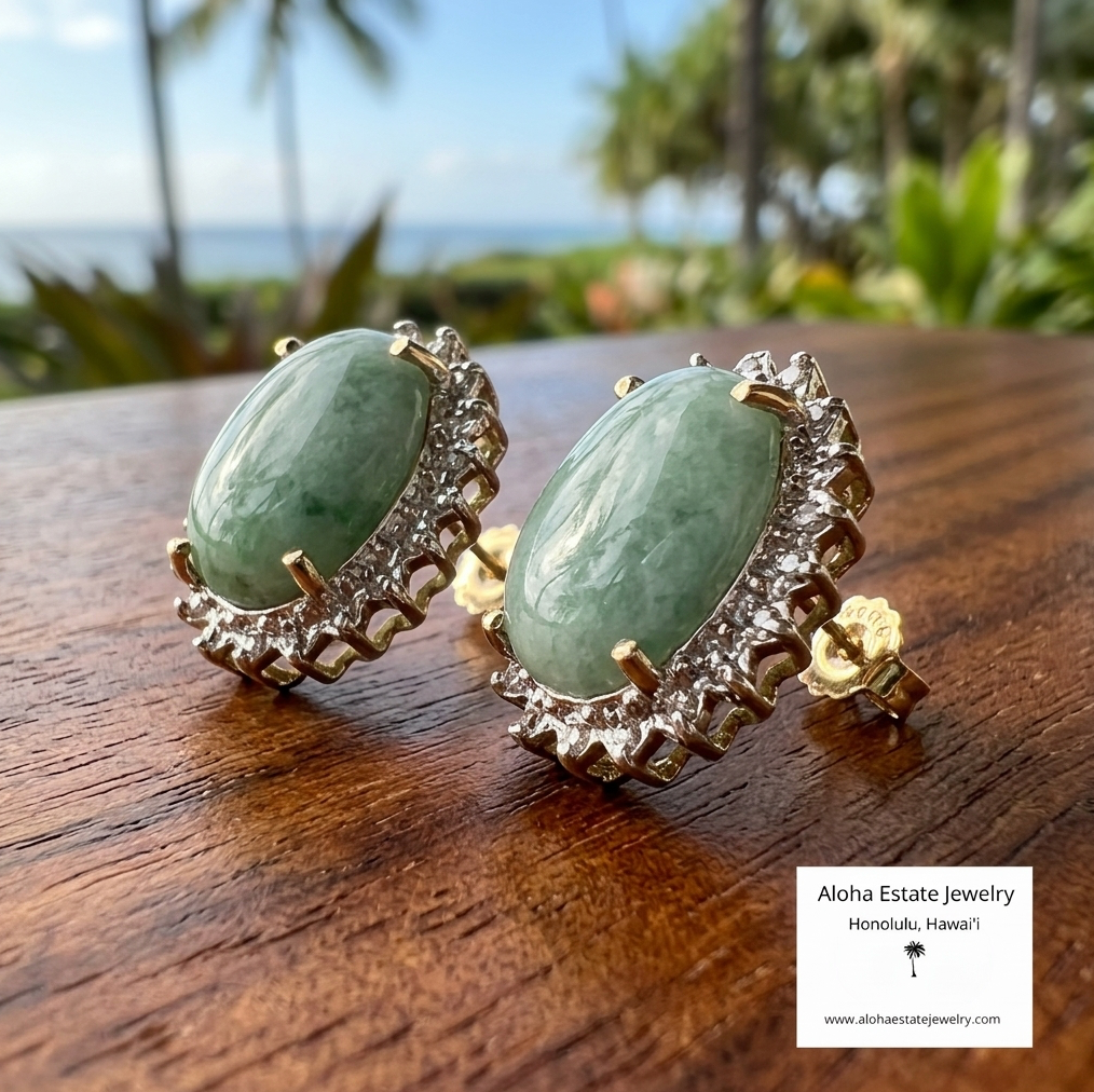 Vintage 14K Gold Jadeite Diamond Halo Earrings, Sage Green