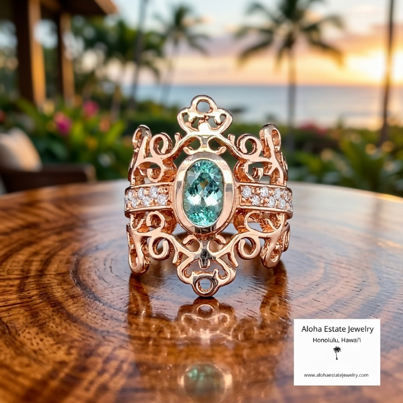 Vintage Paraiba Tourmaline Diamond Ring in 14K Rose Gold
