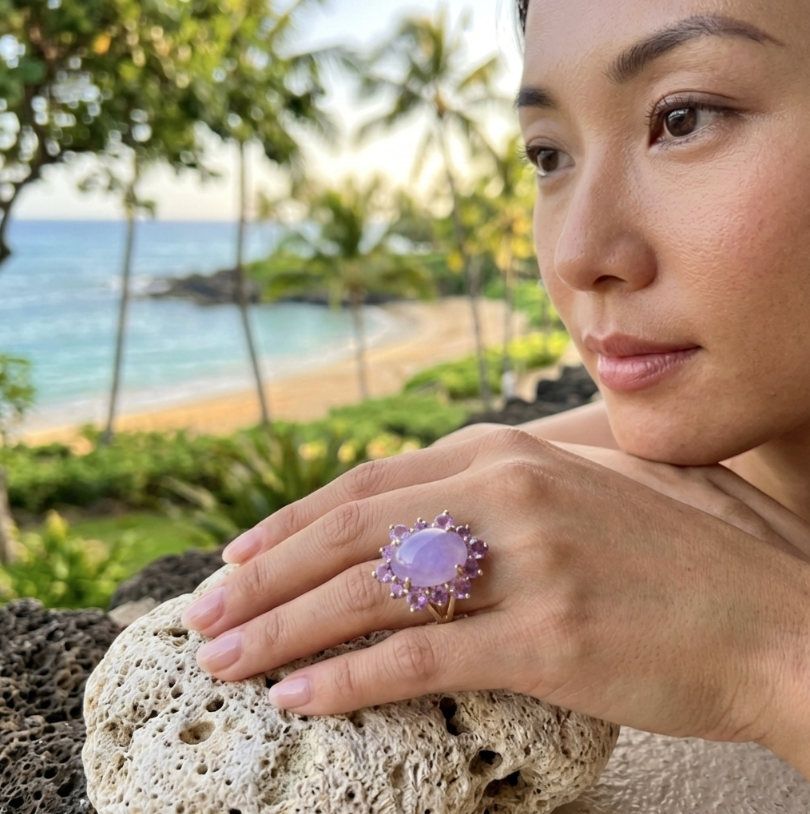 Vintage 6 Carats 14k Lavender Jade and Amethyst Ring