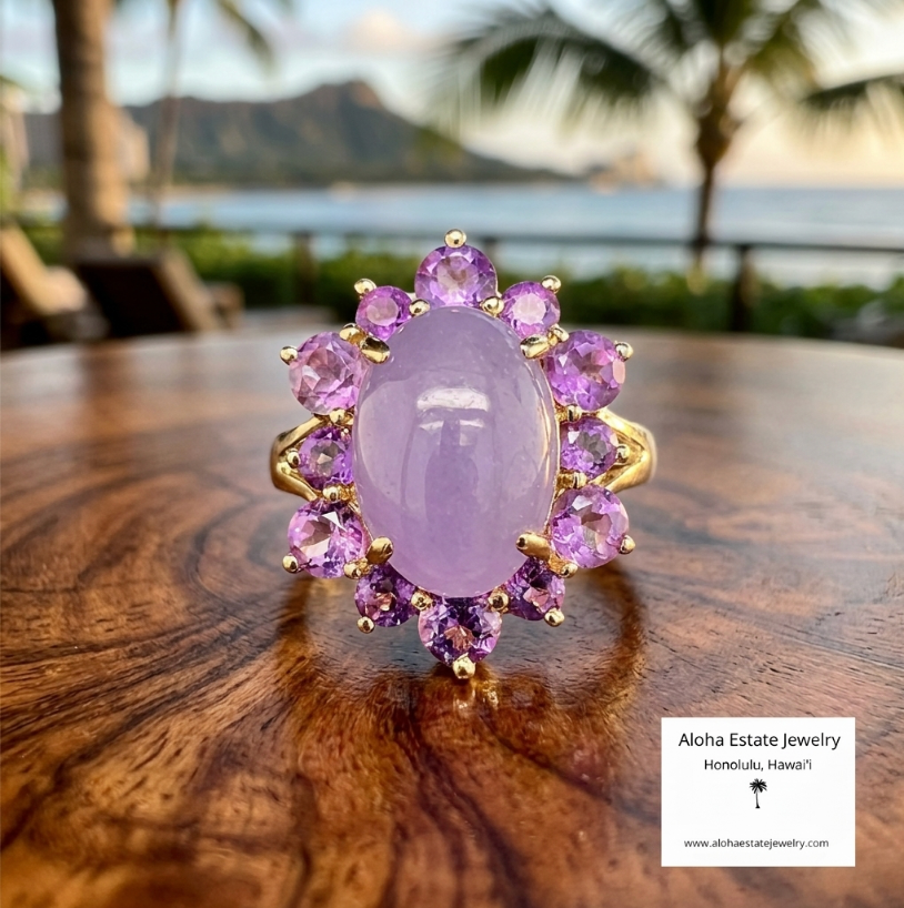 Vintage 6 Carats 14k Lavender Jade and Amethyst Ring