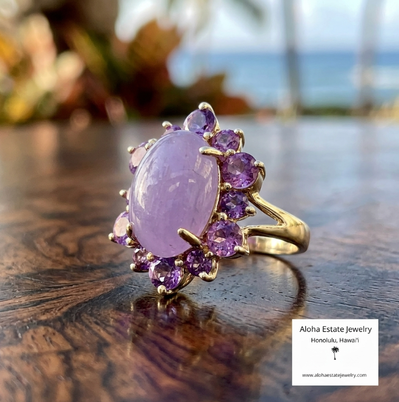 Vintage 6 Carats 14k Lavender Jade and Amethyst Ring