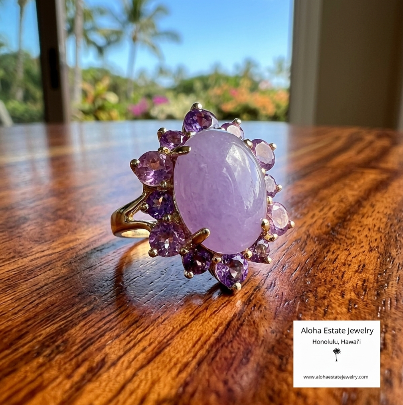 Vintage 6 Carats 14k Lavender Jade and Amethyst Ring