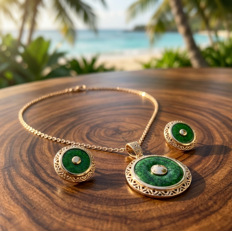 Maw Sit Sit Pendant & Earring Set in 14K Yellow Gold