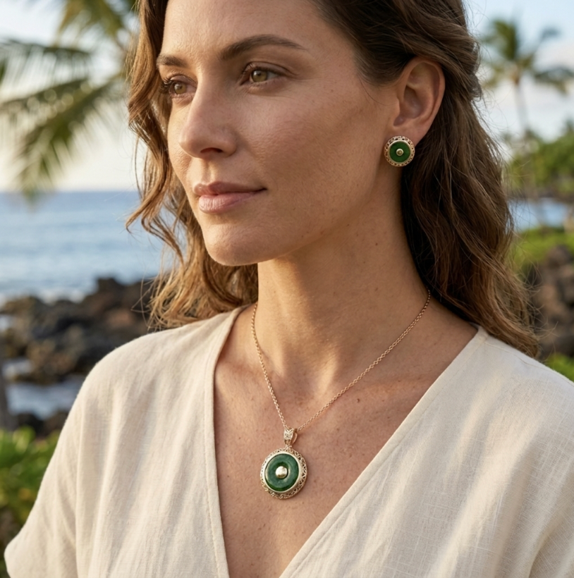 Maw Sit Sit Pendant & Earring Set in 14K Yellow Gold