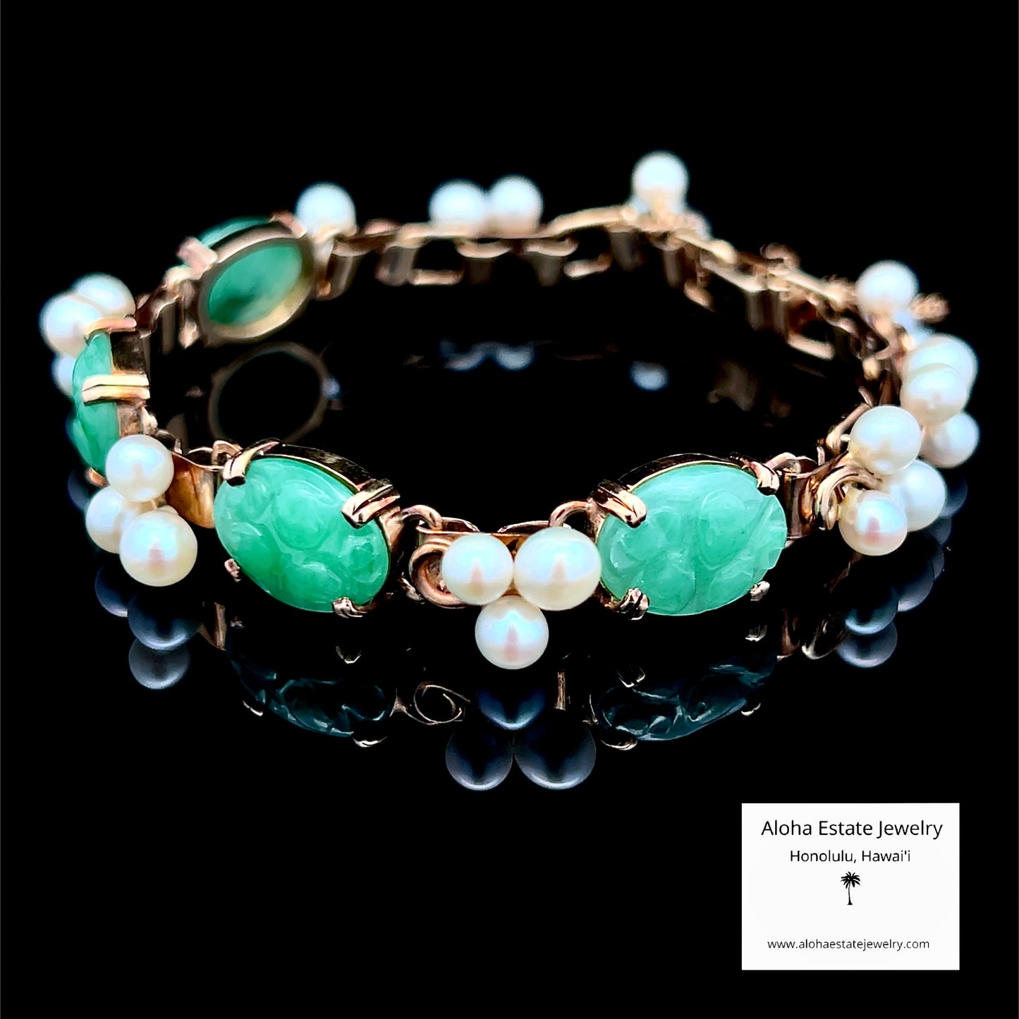 Vintage 14k Ming's Jade and Pearls Bracelet