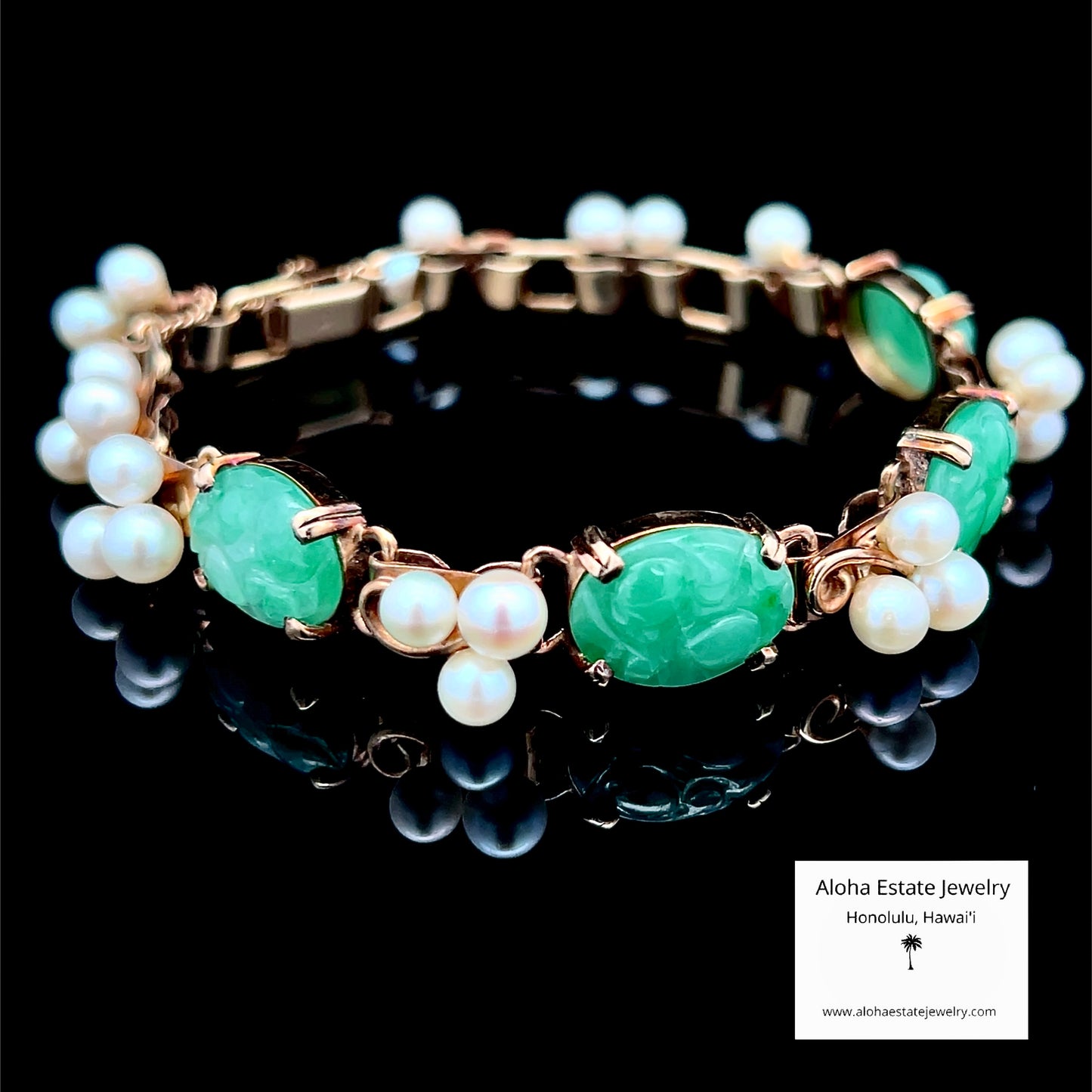 Vintage 14k Ming's Jade and Pearls Bracelet