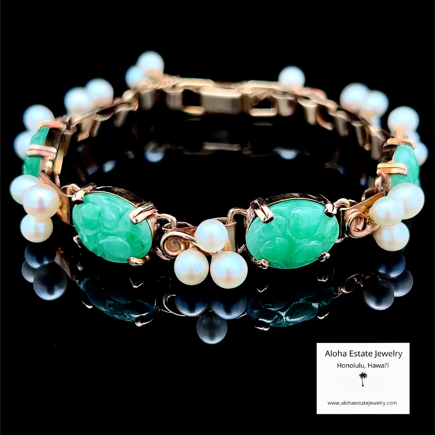 Vintage 14k Ming's Jade and Pearls Bracelet