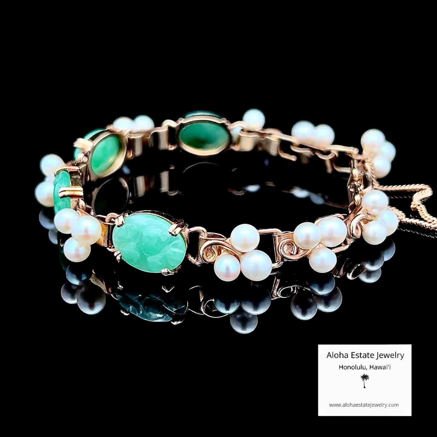 Vintage 14k Ming's Jade and Pearls Bracelet