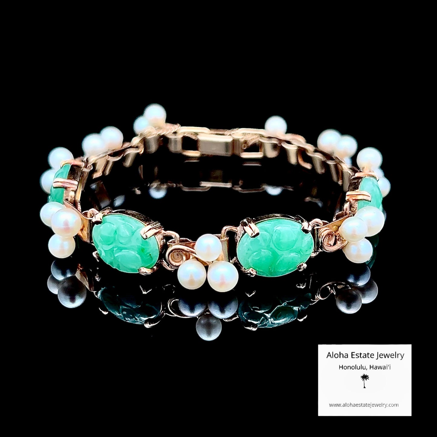 Vintage 14k Ming's Jade and Pearls Bracelet