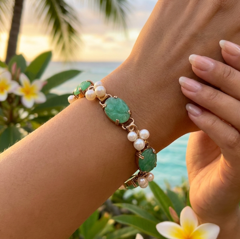 Vintage 14k Ming's Jade and Pearls Bracelet