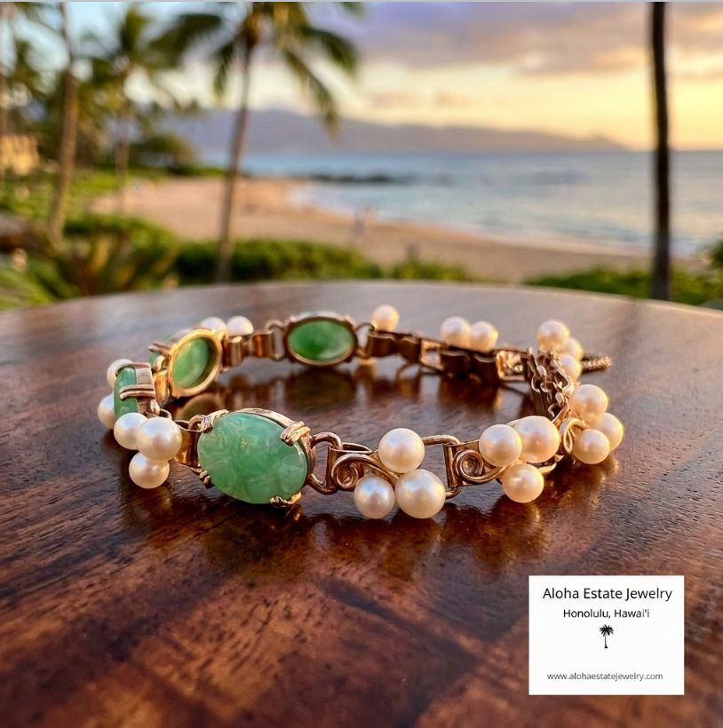 Vintage 14k Ming's Jade and Pearls Bracelet