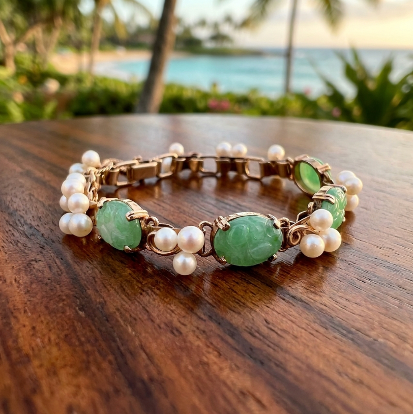Vintage 14k Ming's Jade and Pearls Bracelet