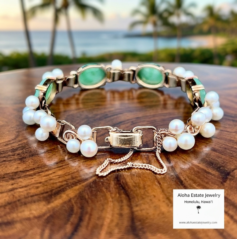 Vintage 14k Ming's Jade and Pearls Bracelet