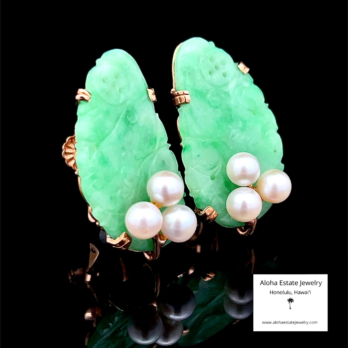 Vintage 14k Ming's Jade and Pearls Earrings