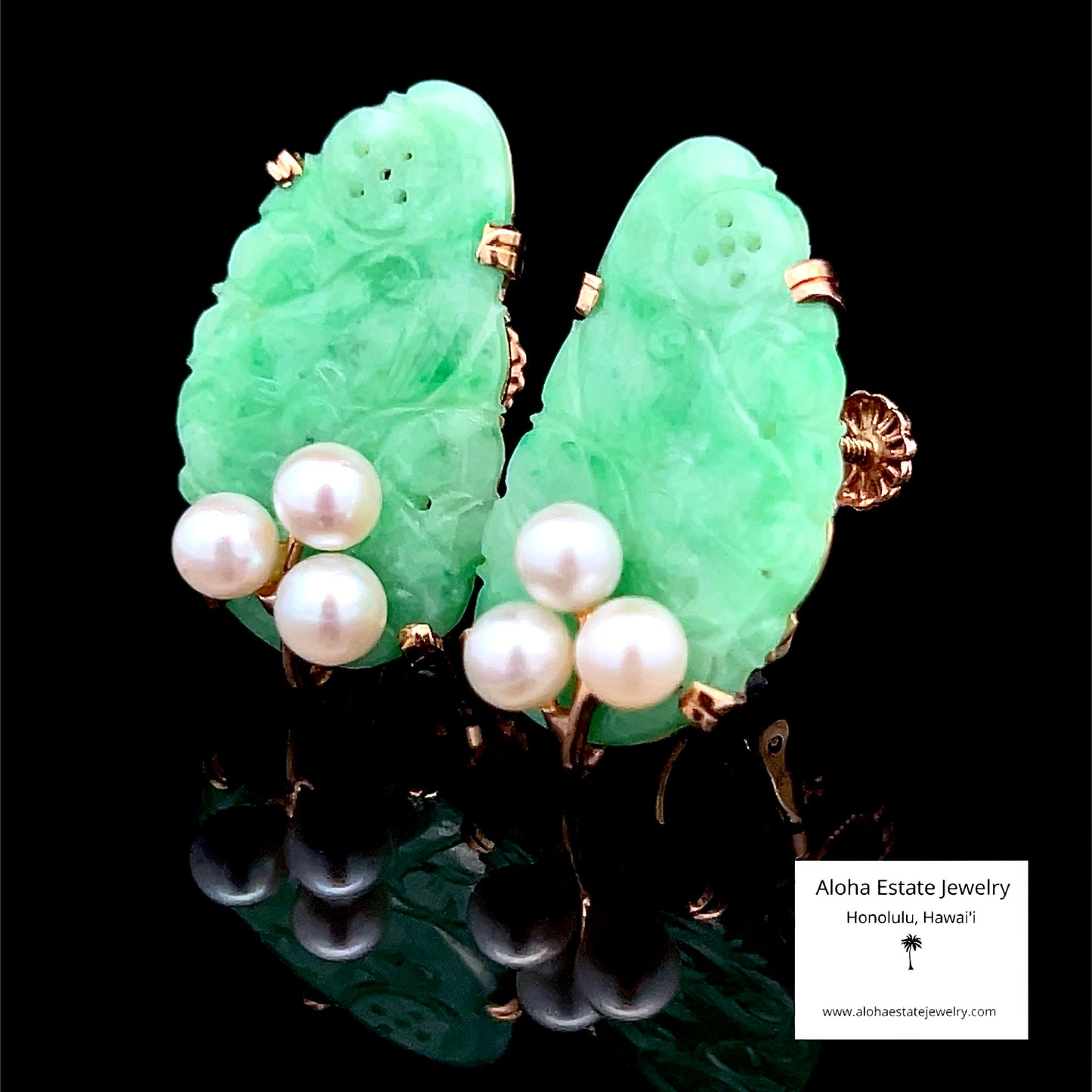 Vintage 14k Ming's Jade and Pearls Earrings