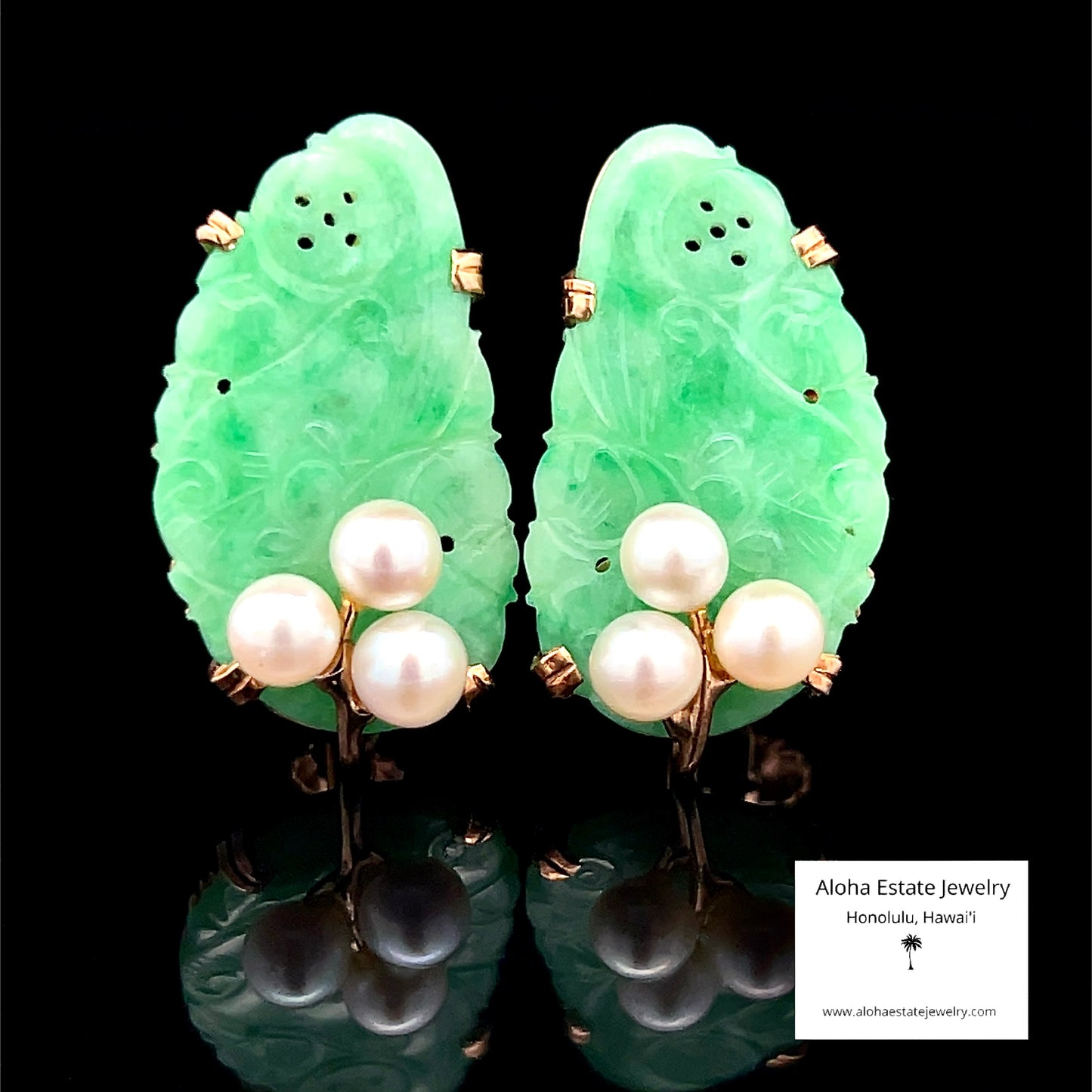 Vintage 14k Ming's Jade and Pearls Earrings
