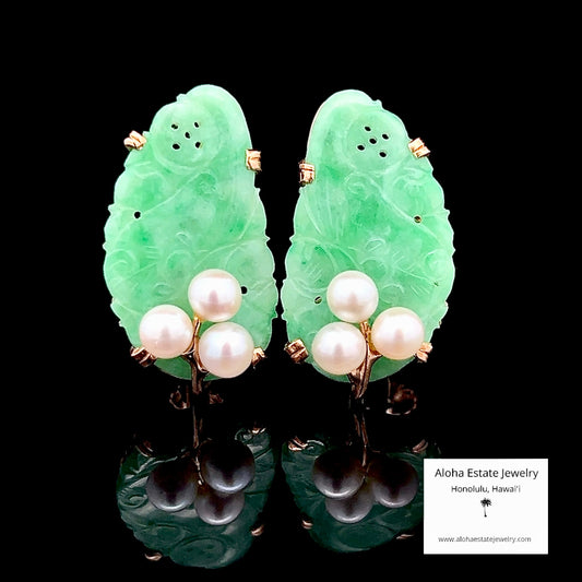Vintage 14k Ming's Jade and Pearls Earrings
