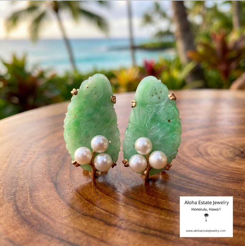 Vintage 14k Ming's Jade and Pearls Earrings