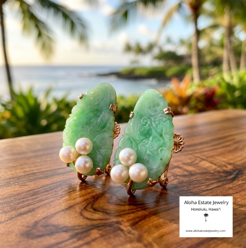Vintage 14k Ming's Jade and Pearls Earrings