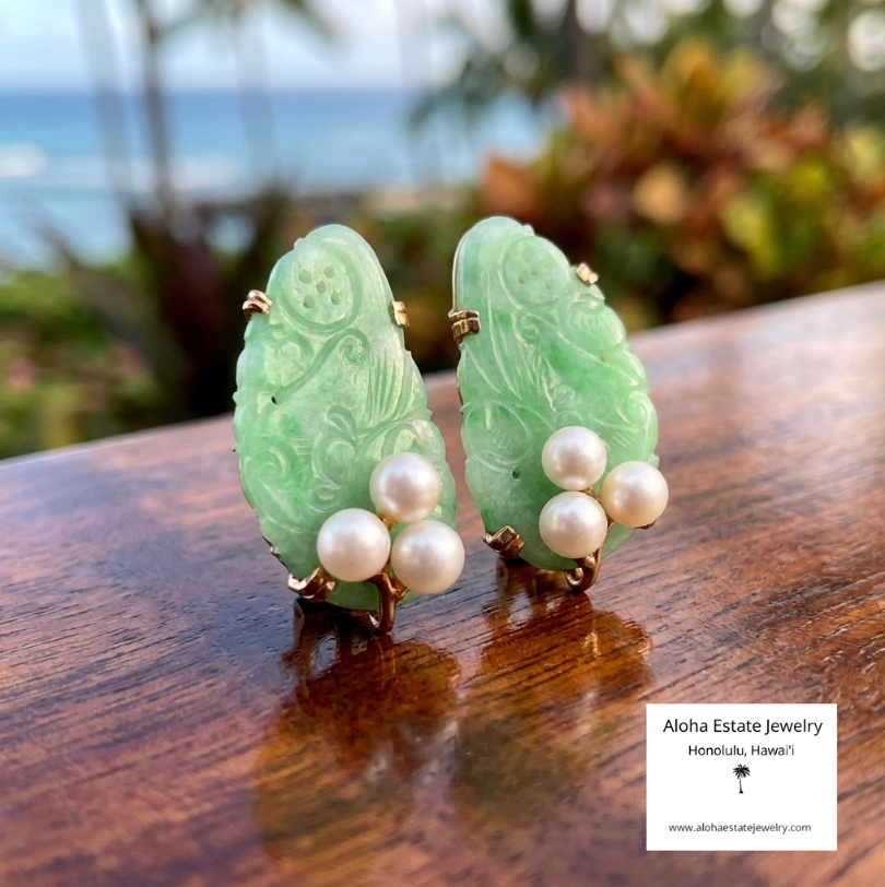 Vintage 14k Ming's Jade and Pearls Earrings