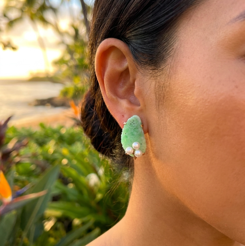 Vintage 14k Ming's Jade and Pearls Earrings