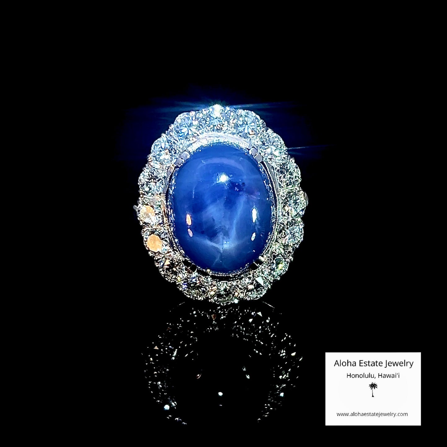 Vintage 14K White Gold 20 Carat Star Sapphire Diamond Halo Ring