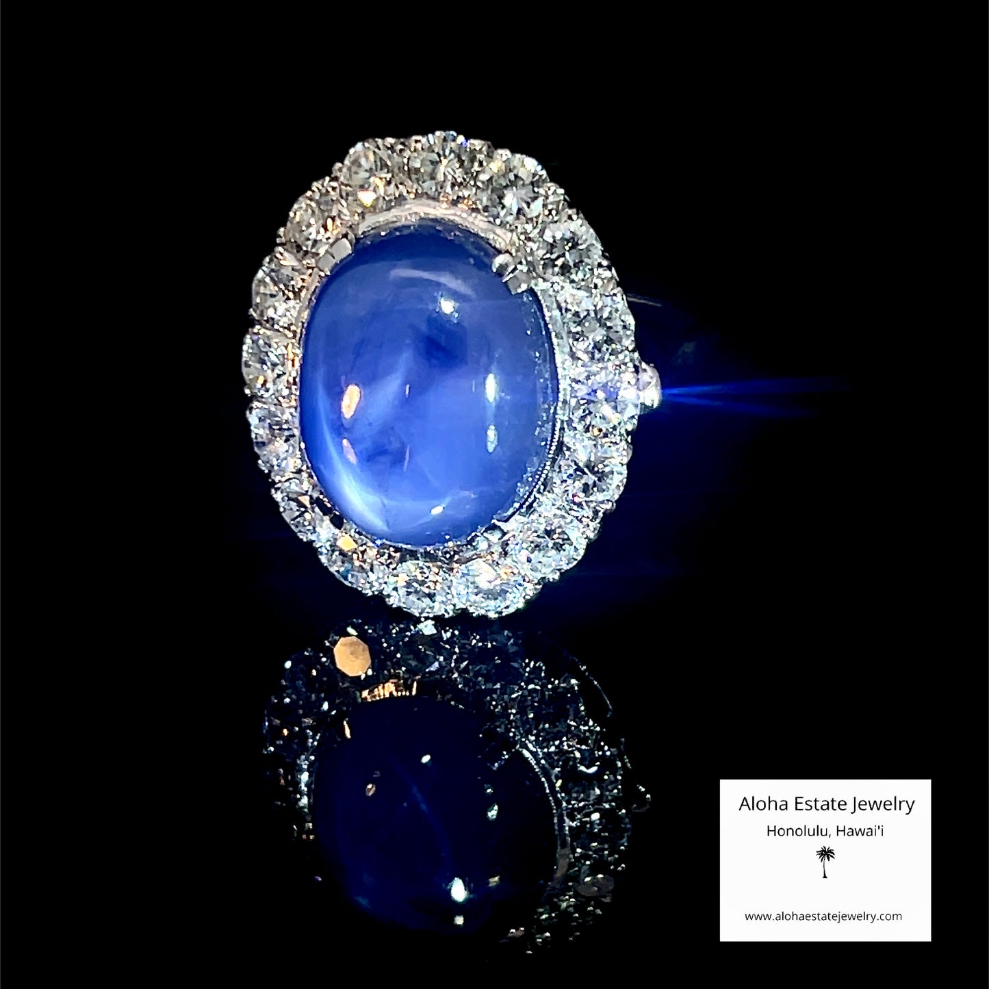 Vintage 14K White Gold 20 Carat Star Sapphire Diamond Halo Ring