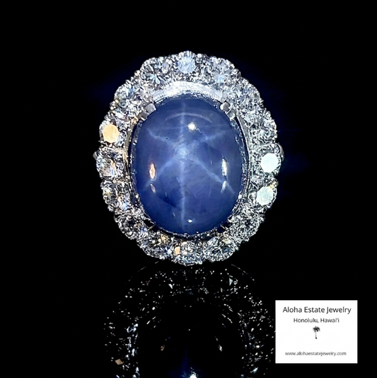 Vintage 14K White Gold 20 Carat Star Sapphire Diamond Halo Ring