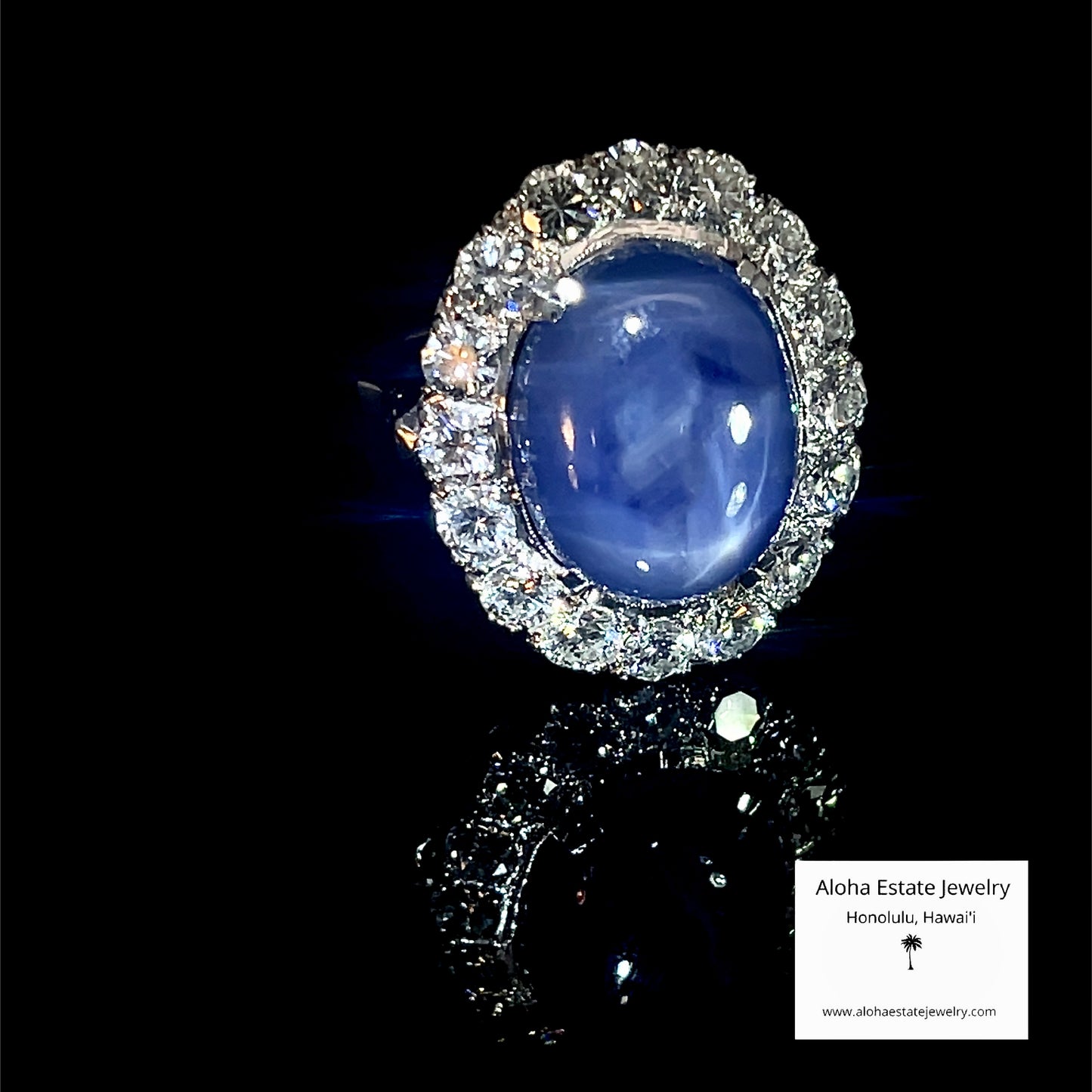 Vintage 14K White Gold 20 Carat Star Sapphire Diamond Halo Ring