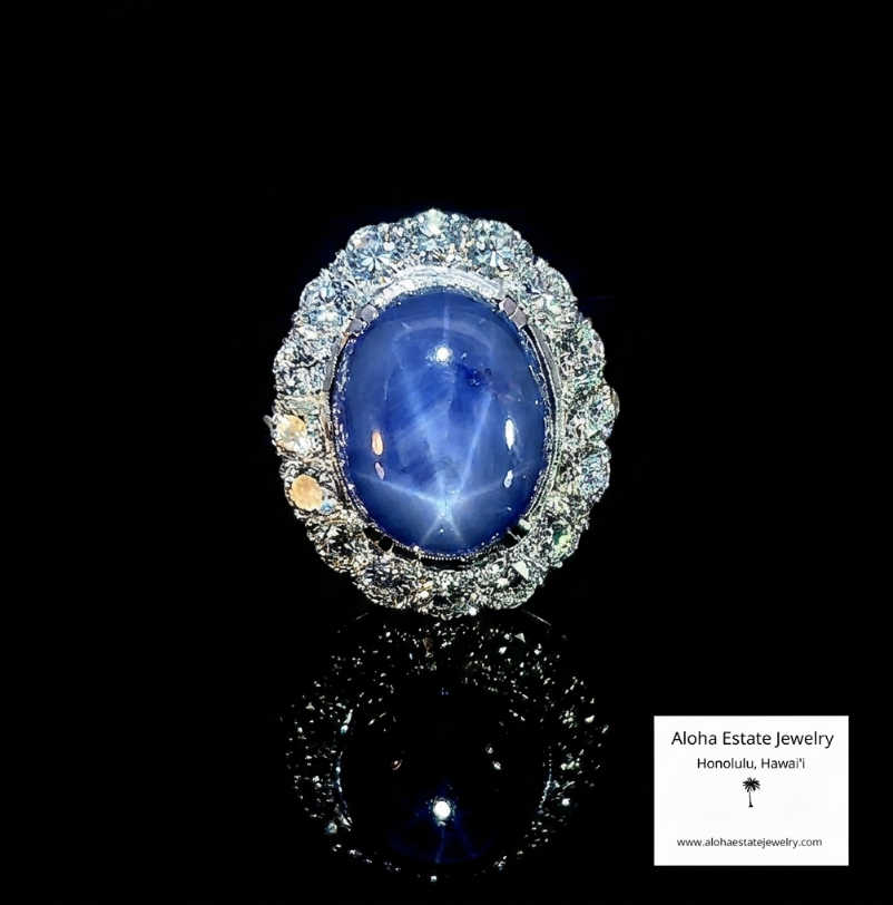 Vintage 14K White Gold 20 Carat Star Sapphire Diamond Halo Ring