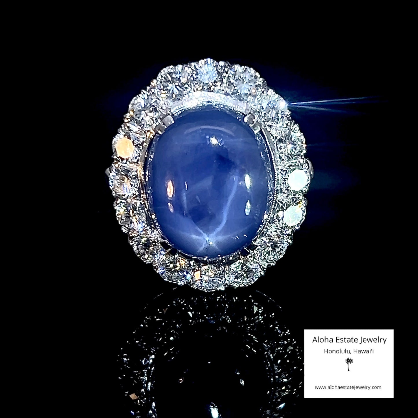 Vintage 14K White Gold 20 Carat Star Sapphire Diamond Halo Ring