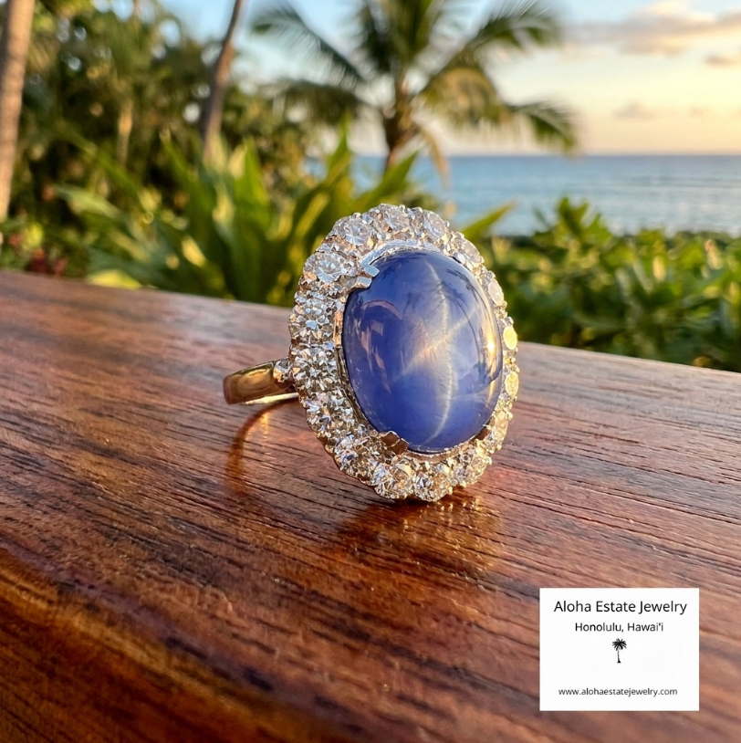 Vintage 14K White Gold 20 Carat Star Sapphire Diamond Halo Ring