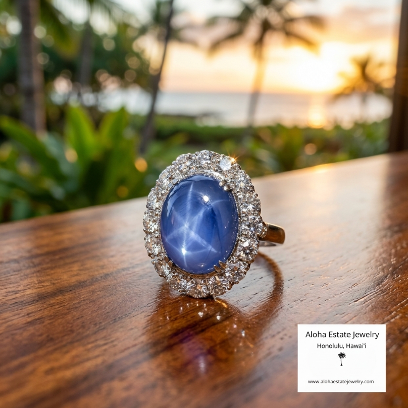 Vintage 14K White Gold 20 Carat Star Sapphire Diamond Halo Ring