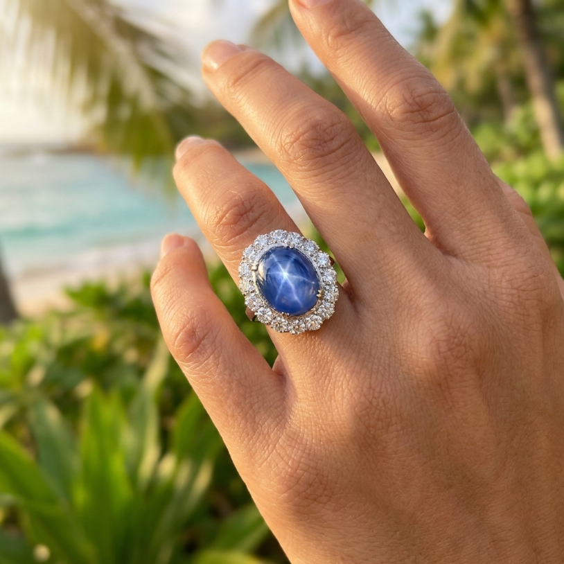 Vintage 14K White Gold 20 Carat Star Sapphire Diamond Halo Ring