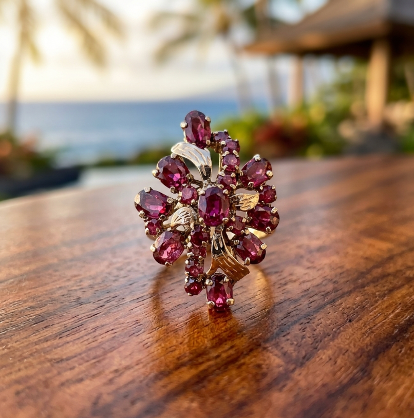 Vintage 14K Yellow Gold Multi-Stone Ruby Cluster Ring