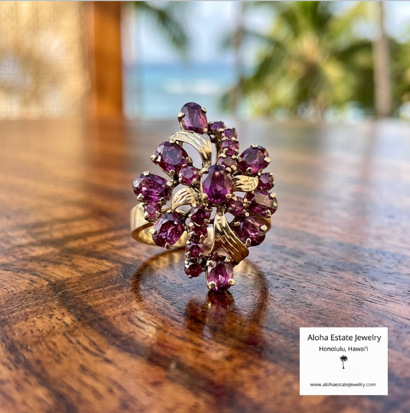 Vintage 14K Yellow Gold Multi-Stone Ruby Cluster Ring