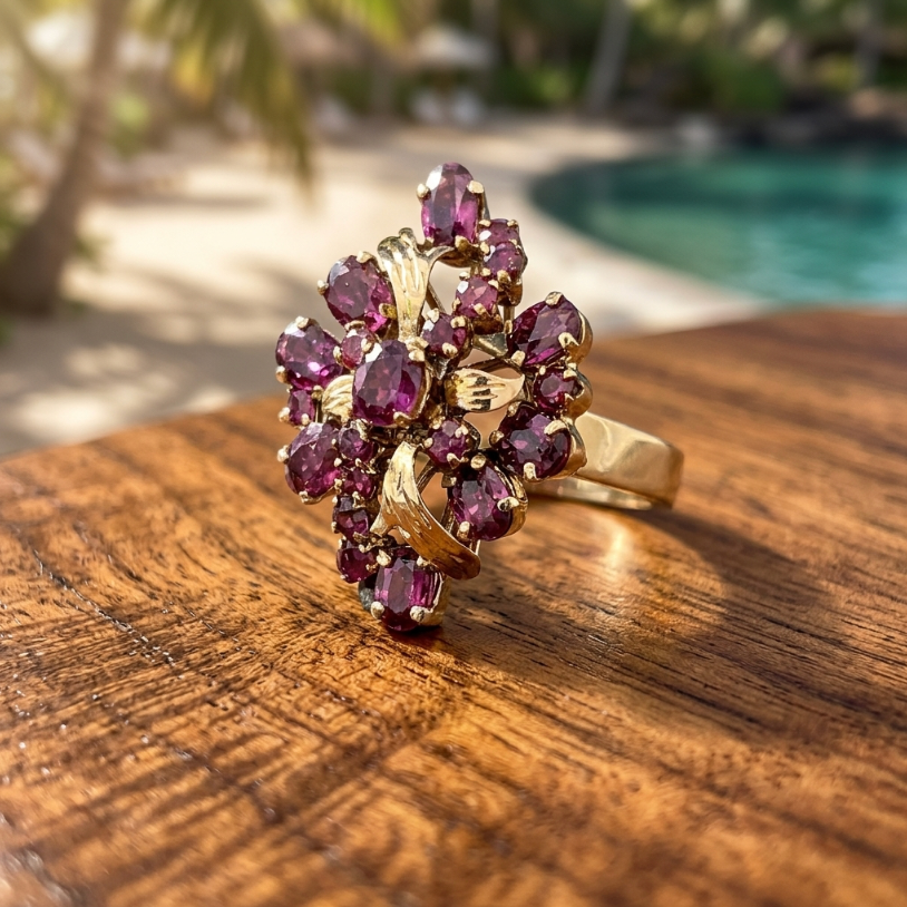 Vintage 14K Yellow Gold Multi-Stone Ruby Cluster Ring