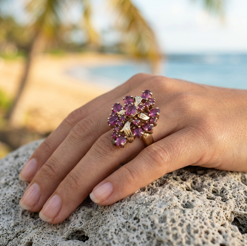 Vintage 14K Yellow Gold Multi-Stone Ruby Cluster Ring