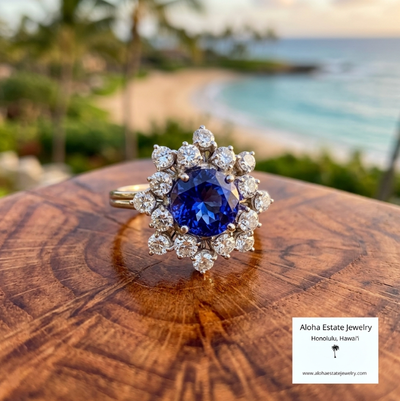 Vintage 2 carats Tanzanite & 0.75 carat Diamond Cluster Ring 14k