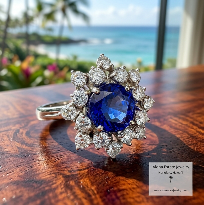 Vintage 2 carats Tanzanite & 0.75 carat Diamond Cluster Ring 14k