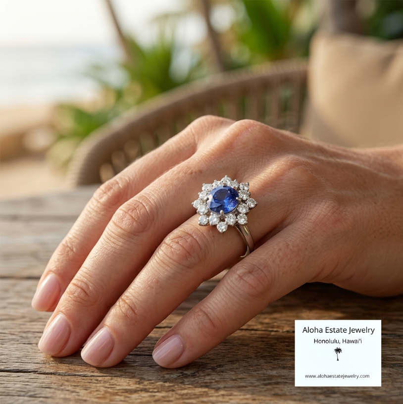 Vintage 2 carats Tanzanite & 0.75 carat Diamond Cluster Ring 14k