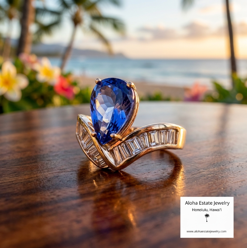 14k 2.5 Carats Teardrop Tanzanite Solitaire & Diamonds Ring