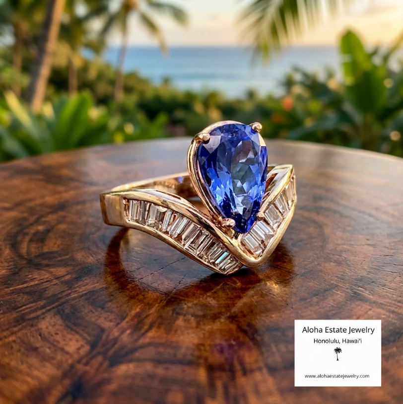 14k 2.5 Carats Teardrop Tanzanite Solitaire & Diamonds Ring