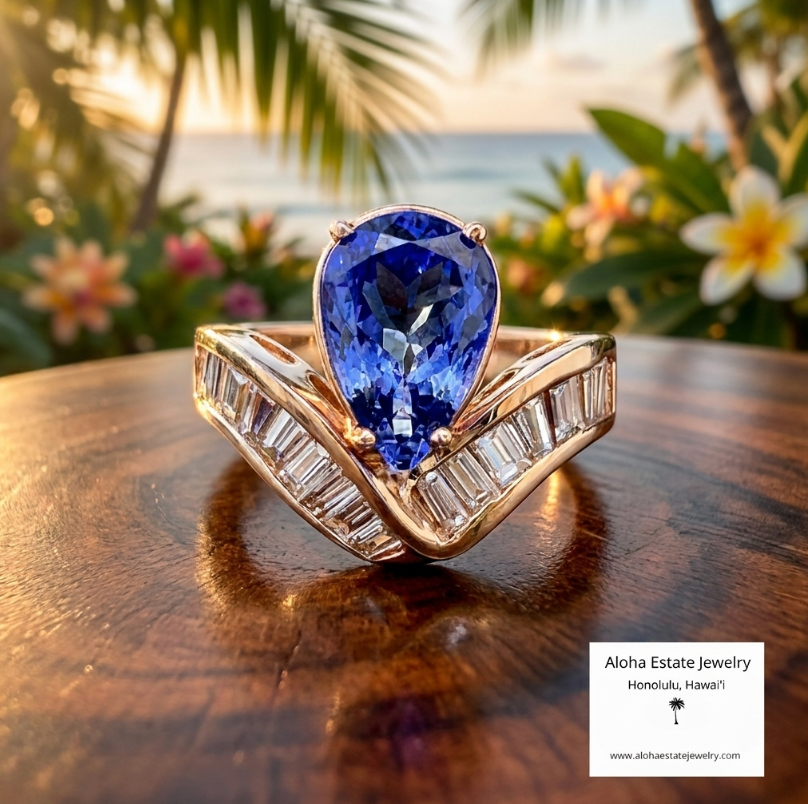 14k 2.5 Carats Teardrop Tanzanite Solitaire & Diamonds Ring