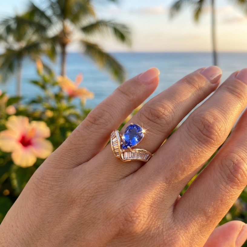 14k 2.5 Carats Teardrop Tanzanite Solitaire & Diamonds Ring